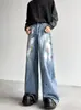 Jeans de estilo callejero americano transfronterizos, lavados, desgastados, microcampana, para hombre, primavera/otoño, rectos, holgados, con vibra de alta calle europea y americana