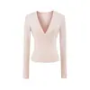 928-Camiseta Sexy Fashion de Manga Longa com Decote em V Estilo Europeu e Americano para Mulheres 2025 Nova Camiseta Sexy Slim para Usar por Baixo Top