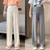 Calça de Verão com Proteção Solar de Seda Gelada de Perna Larga Calça Maternidade Plus Size Cintura Baixa Reta Casual Não Apertada na Barriga Calça Longa Maternidade