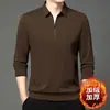 Camiseta masculina de inverno com lapela e zíper parcial, manga longa, forrada com fleece, espessada, estilo business casual, cor sólida, base, camisa polo