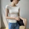 Camiseta de Verano Sexy de Hombros Descubiertos con Mangas Cortas para Mujer, de Punto Cómoda, Delgada y Ajustada, en Color Blanco, Dongdaemun Coreano