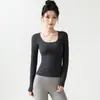 Gola U grande mostrando a clavícula esportiva manga longa feminina com furos para os dedos justa ao corpo para corrida alta elasticidade toque de pele camada base para yoga