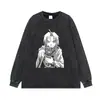 Camiseta de manga curta, preta lavada e desgastada com estampa de anime, solta, oversized, estilo high-street, algodão pesado, manga longa