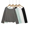 2657-26 Verano Estilo Coreano Holgado Lino Hombros Descubiertos Liso Hombro Diagonal Manga Larga Suéter Camiseta Capa Base