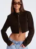 Chaqueta corta popular transfronteriza europea y americana con cuello alto de gamuza sintética para mujer, con cremallera, corte ajustado, corta, chaqueta de motociclista vintage
