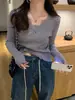 Suéter de Tricô com Base de Renda para Mulheres, Novo Estilo Primavera, Peça Interna Elegante com Bordas Franzidas, Design de Gola Baixa, Top Único
