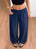 Pantalones casuales de pierna ancha para mujer con cintura elástica y cordón, tejido texturizado arrugado, caída suelta, pantalones largos hasta el suelo con bolsillos