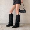 Botas de Montar de Caña Alta Plisadas Estilo Celebridad con Punta Fina y Tacón Grueso, Botas Rectas Adelgazantes, Botas de Pantalón Melard sin Cierre