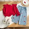 26 Conjunto de niña de comercio exterior, nuevo para primavera y otoño, top de manga acampanada + pantalones vaqueros retro de cereza, elegante y a la moda, venta al por mayor para bebés