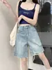 Shorts jeans de cintura alta, corte reto, estilo evasê, para afinar o corpo, coleção de verão 2026, leve, elástico e com caimento solto.