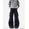 Pantalones cargo azules estilo americano con bolsillos grandes para hombre y mujer, diseño de alta costura de otoño, pantalones de pierna recta, pantalones de paracaidista plisados vintage