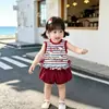 Conjunto de Falda Floral Súper Lindo de Verano para Niñas, Adorable Conjunto de Dos Piezas con Chaleco Rayado sin Mangas de Gatito para Bebés en Verano