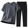 Conjunto Esportivo Casual de Seda Gelada Masculino Conjunto de Duas Peças Masculino de Verão Calça Longa Camiseta de Manga Curta Conjunto Esportivo Masculino