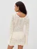 Vestido de Praia Novo Estilo Europeu e Americano, Vestido Crochê Sexy Justo ao Corpo para Biquíni, Vestido Curto Manga Longa Decote V Vazado