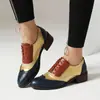 Sapatos de Salto Médio Femininos para Todas as Estações, Tamanhos 40-48, Sapatos Brogue com Cadarço Color Block, Salto Quadrado, Sapatos de Couro de Tamanho Extra Grande
