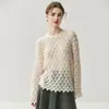 Suéter Base para Primavera e Outono, Top de Malha de Caxemira para Mulheres, Design de Pena Vazada, Elegante e Fino