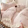 Juego de cuatro piezas estilo princesa de algodón 100% Clase A, juego de sábanas y funda de edredón de algodón puro con doble encaje estilo francés, juego de tres piezas para dormitorio de estudiante
