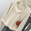 Camiseta Rayada de Dos Piezas Falsas de Tiro Real Americano para Mujer, Primavera y Otoño, Top Base Ajustado a la Cintura con Volantes, Manga Larga con Cuello Semi Abierto, Comercio Exterior