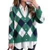 Suéter Tricô Feminino Moderno Padrão Diamante Retrô Gola V Top Estudante Jaqueta Emagrecedor Primavera Outono Inverno 2026 Novo Modelo