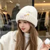 Gorro de punto de mezcla de lana estilo coreano para mujer, cálido y adelgazante, con lazo floral, adecuado para tallas de cabeza grandes