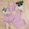 Conjunto de encaje de tres piezas de venta caliente transfronterizo europeo y americano: Camisola, Shorts, Pantalones Largos, Pijama