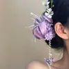 Muxianhuajian~Grampo de cabelo com franja de flor de hortênsia rosa super etéreo, acessório de cabelo atmosférico para penteados laterais de primavera/verão