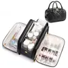 Bolsa de aseo acolchada para mujer de gran capacidad, apertura grande, plana, portátil para llevar a mano, bolsa de almacenamiento de viaje