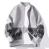 Cardigan de Tricô com Zíper Masculino Outono e Inverno Suéter Casaco Jacquard Retrô Gola Meia-Alta Moda Americana Tendência Marca Roupas Masculinas