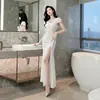 Elegante vestido de noite, vestido sexy para KTV, vestido longo para recepcionistas de boate, traje de atendente de spa e sauna, vestido sereia com decote em V