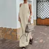 Saia de Algodão e Linho Outono 2026 Estilo Francês Caqui Vestido de Alça Vestido Regata Estilo Férias Solto Vestido Longo Roupa Feminina