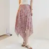 Falda de Lino Tencel Estilo Francés de Silueta Atemporal, Irregular, de Cintura Alta, Corte A con Colores Contrastantes y Diseño Fluido para Mujer