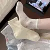 Calcetines florales pequeños para mujer, calcetines finos apilables de primavera y verano, calcetines de estilo coreano dulces con borde de encaje hasta la mitad de la pantorrilla, calcetines versátiles para mujer para el verano