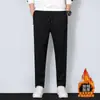 Pantalones deportivos para hombre de invierno con forro polar, elasticidad en cuatro direcciones, cremallera lateral, múltiples bolsillos, cintura alta elástica, pernera recta holgada
