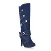 Deseo AliExpress Comercio Exterior Talla Grande Botas de Mujer Mezclilla Fideos Botas Medias Hebilla de Cinturón Tacón Delgado Tacón Alto Talla Grande Botas de Mujer