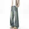 Jeans Americanos Desestructurados Desgastados con Cordón para Hombre Marca de Moda Nuevos Sueltos Diseño Retro Cool Canalla Pierna Ancha Pantalones Largos