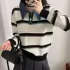 Suéter Tricô Retrô Estilo Coreano Blocos de Cor Listrado Gola Lapela Feminino Outono Inverno Novo Tricô Solto Top com Gola Jeans