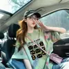 Camiseta de Algodón Puro de Longitud Media para Mujer con Estampado de Gato Estilo Lindo y Diseño de Salpicaduras de Tinta de Colores Versión Grande Top Holgado que Cubre la Carne