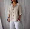 Amazon 2025 Cross-Border Europeu e Americano Verão Nova Camiseta Solta Feminina Decote Em V Algodão e Linho Botão Top