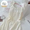 Nueva Estilo Verano 2026 Bata de Noche de Algodón Nube para Mujer, Encaje Blanco Crudo con Mangas Cortas Volantes y Almohadillas en el Pecho, Ropa de Casa Dulce de Longitud Media