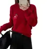 26 Suéter de Lana Pura Bordado de Caballo Rojo de Año Nuevo para Mujer, Otoño e Invierno Cuello Redondo Año del Zodiaco Suéter Rojo Tejido Capa Base