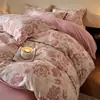 Conjunto de Quatro Peças Espesso Escovado 100% Algodão Puro Estilo Ins de Luxo Leve Lençol com Elástico 100% Algodão Capa de Edredom Conjunto de Cama Floral de Três Peças 4