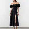 2026 Verano Nuevo Estilo Transfronterizo Europeo y Americano Comercio Exterior Ropa de Mujer Elegante Ropa de Trabajo Color Sólido Manga Abullonada Vestido con Abertura