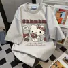 Camiseta de Manga Corta Retro Americana con Estampado de Letras Divertidas de Hello Kitty para Mujer, Cuello Redondo, Linda, Casual de Verano, Top Holgado