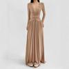 Vestido Longo Feminino Sexy Francês com Decote V e Renda Patchwork Manga Longa Coleção Outono 2025 Cintura Plissada Efeito Emagrecedor Saia Longa