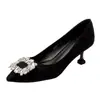 Sapatos de Salto Alto Femininos Stiletto Bico Fino Quadrado com Fivela de Strass Estilo Francês Preto Versátil Sexy para Primavera e Outono
