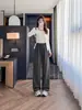 Pantalones de pierna ancha a cuadros nuevos para mujer de otoño, modernos y versátiles, pantalones rectos con cordón vintage, pantalones largos teñidos en hilo