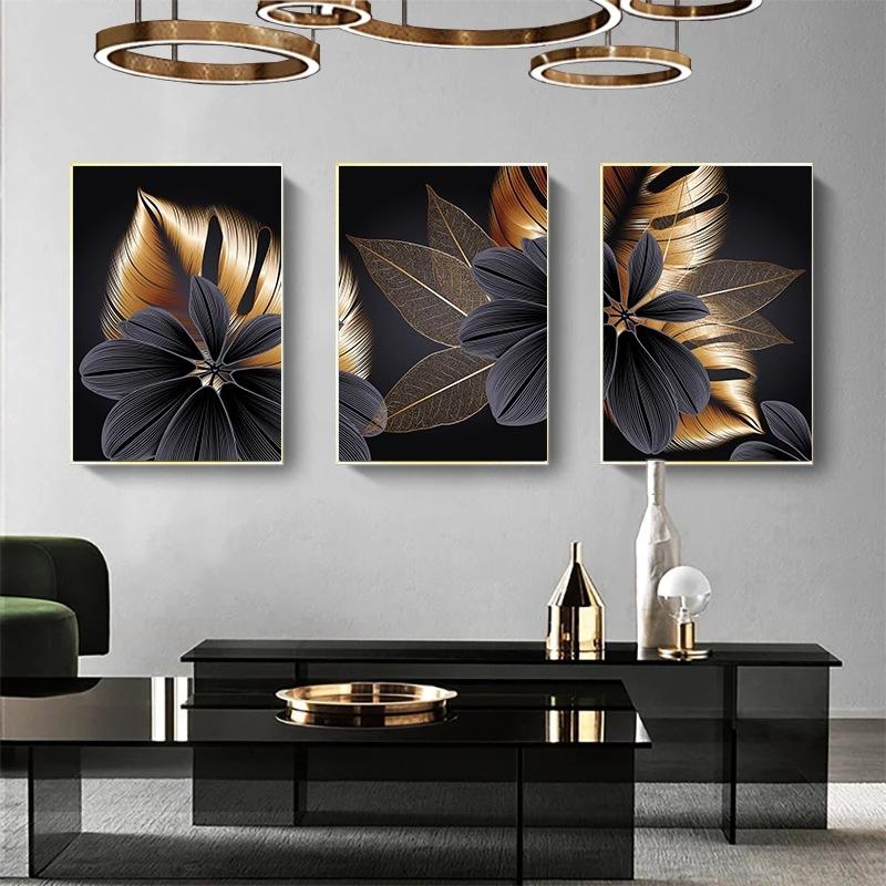 Noir-dor-plante-feuille-toile-