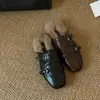 Primer Encuentro Ji Dongqiu Mocasines Pantuflas Peludas 2026 Nuevo Retro Correa de Doble Hebilla Mocasines de Deslizamiento Perezoso Punta Cerrada Casual para Mujer