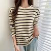 H413 Camiseta de Manga Larga Rayada Cepillada con Cuello Redondo Seleccionada Cuidadosamente para Mujer en Otoño e Invierno Estilo Perezoso Camiseta de Capa Interior Top Holgado
