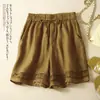 Pantalones de Algodón y Lino con Encaje Hueco Vintage de 8 Colores para Mujer, Cintura Elástica con Cordón, Pierna Ancha, Pantalones Cortos Casuales Cómodos, Cintura Alta